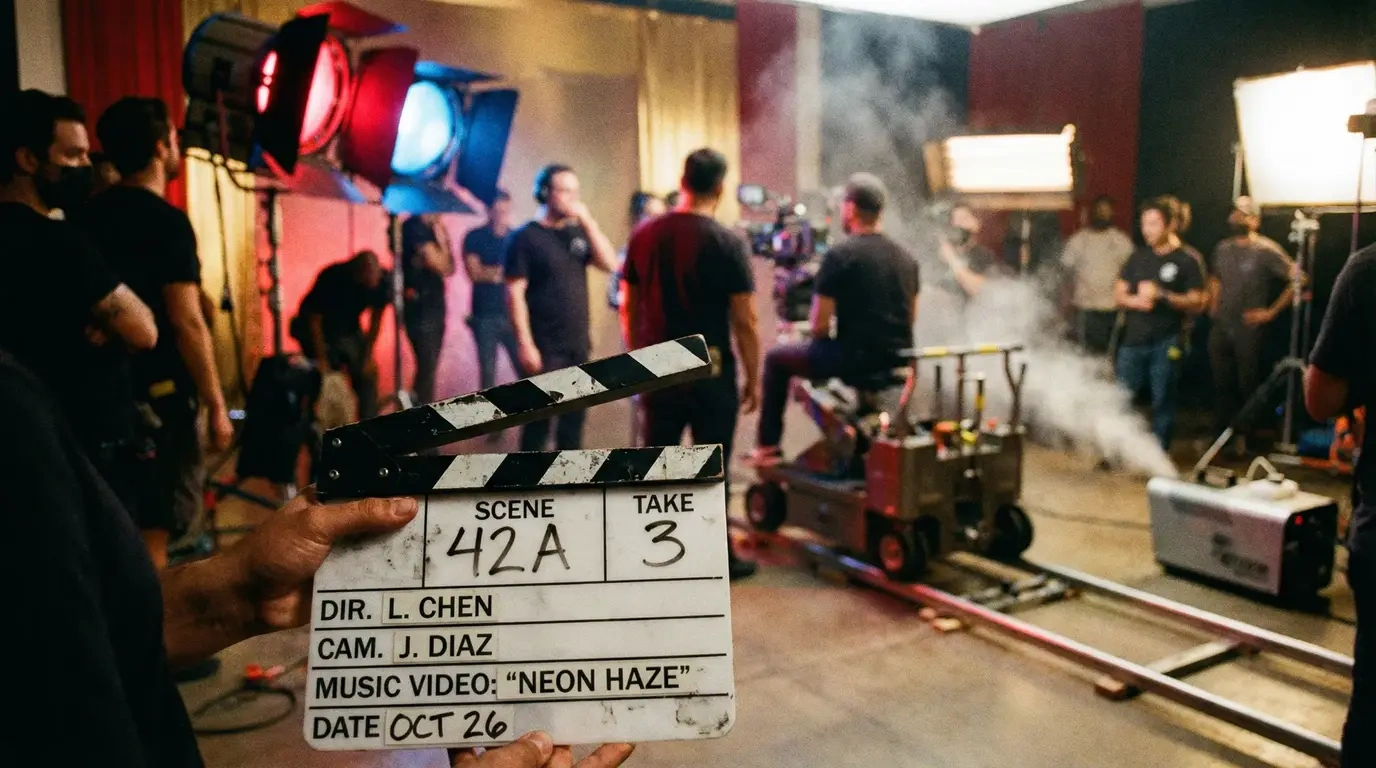 MV拍摄现场 - 场记板与专业团队